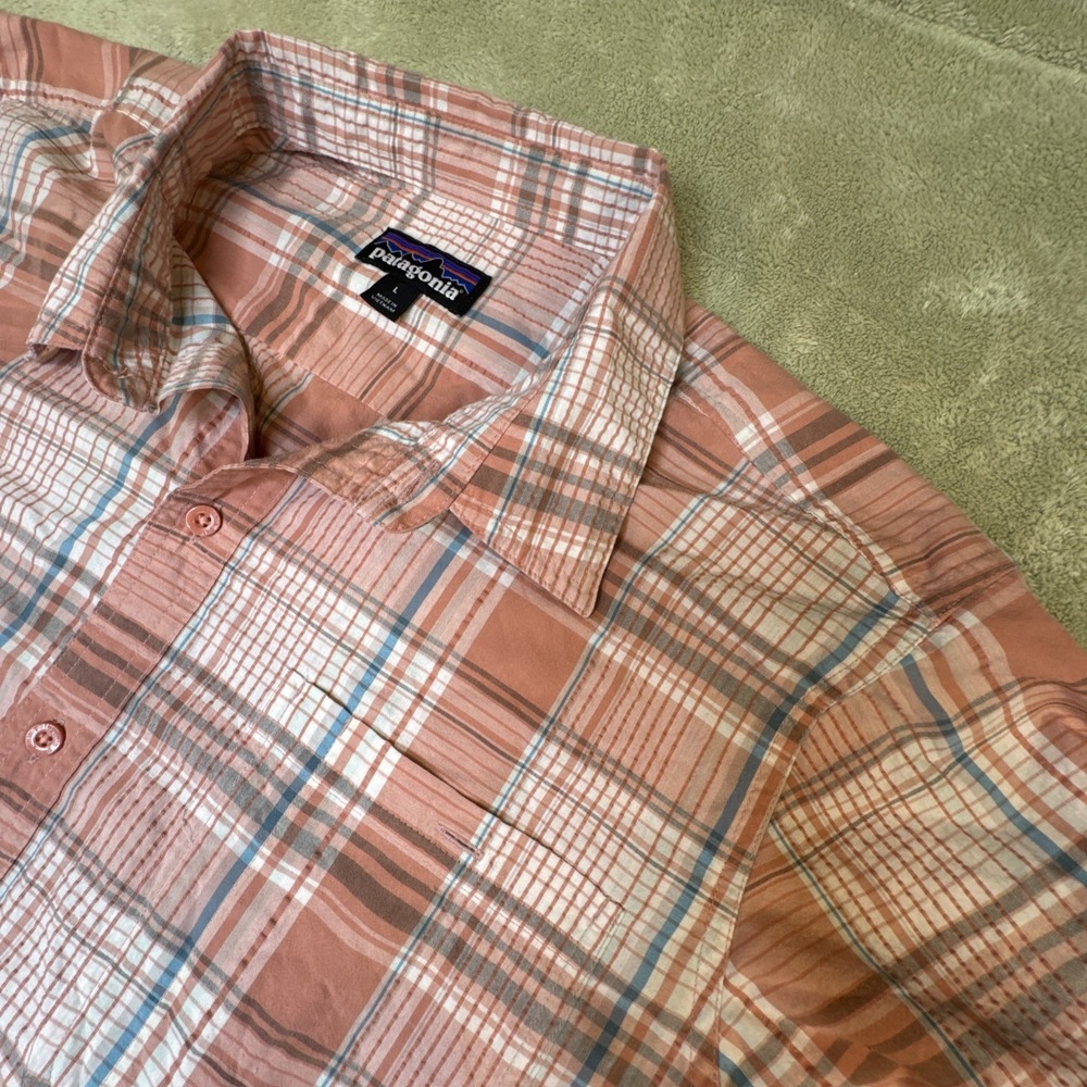 M's Puckerwear Patagonia A/C short sleeve shirt L organic red/orange Blue plaid - Picture 4 of 10